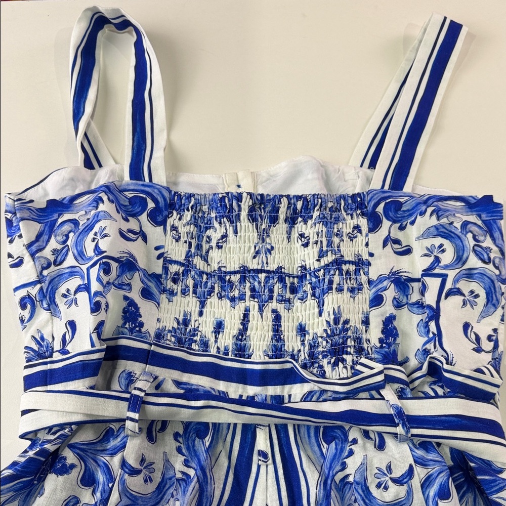 FARM Rio Blue and White Floral Stripe Belted Romper - Picture 13 of 14